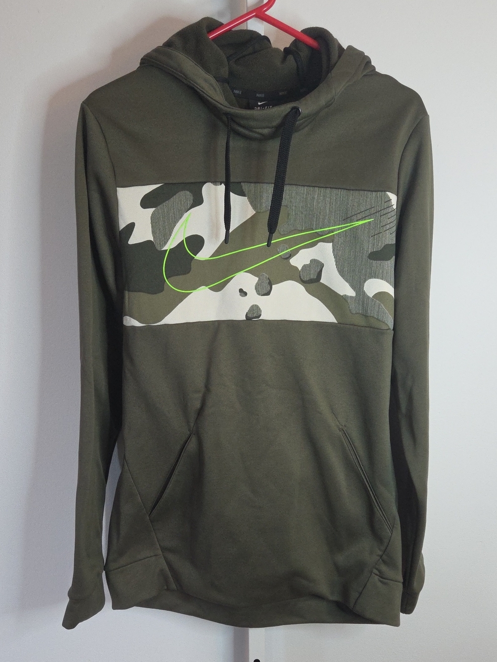 Nike Mens Dri-FIT Camo Chest Panel Hoodie Small Olive Green Neon Swoosh Pullover